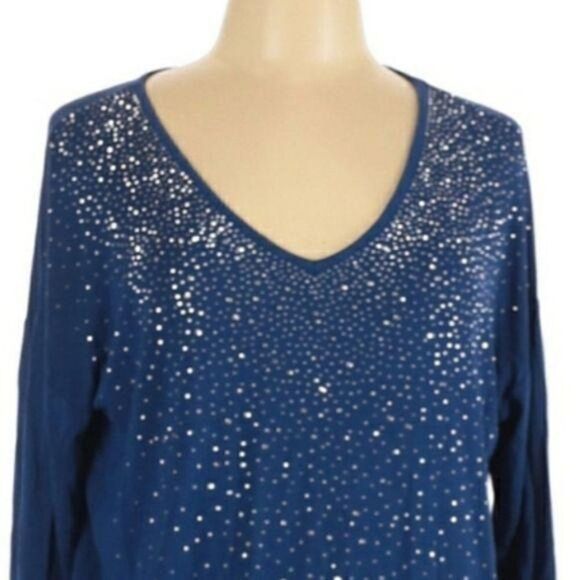 Design History Blue Bedazzled Jersey Knit V-neck Half Sleeve Tunic Top Sz L - Picture 5 of 10